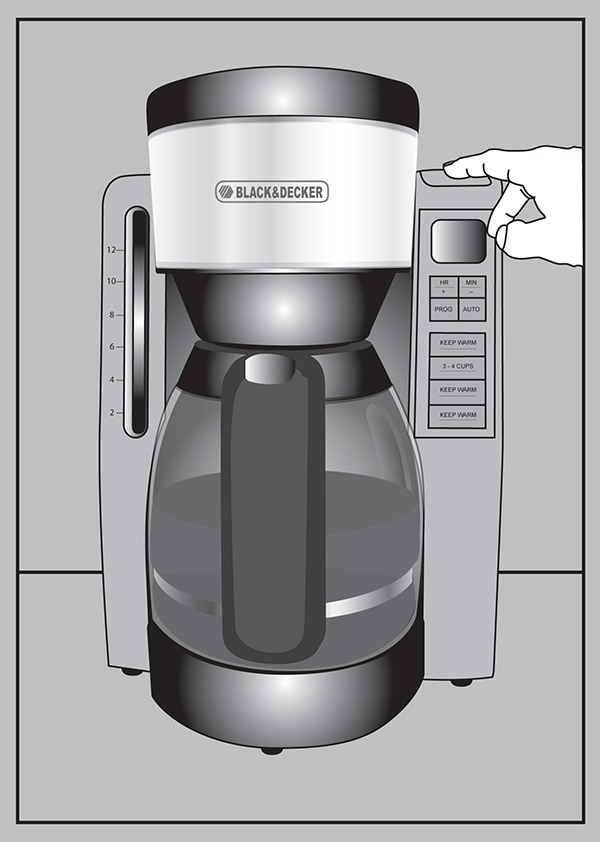 technical drawing showing how to start a coffee maker